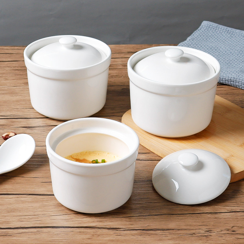 高温調理対応のセラミック製二重鍋。電子レンジ対応、蓋付き。野菜、卵カスタード、スープの蒸し料理に最適です。