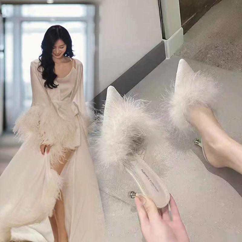 Morning Robe, Slippers, High Heels, Feather, Wedding, Furry, Bride, White, French Pointed Toe Wedding Shoes, High Heels, Shoes, Sandals Morning Robe, Slippers, High Heels, Feather, Wedding, Furry, Bride, White, French Pointed Toe Wedding Shoes, High Heels, Shoes, Sandals