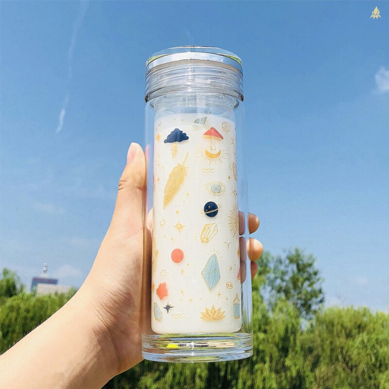 Light luxury Sen cute glass children double insulation portable anti-scalding teacup Small fresh student simple water cup