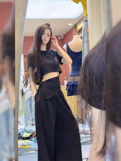 Casual and Loose-Fitting Short-Sleeved Top and Wide-Leg Pants Set for Women, 2025 Summer New Style, Simple and Suitable for Commuting, Two-Piece Set