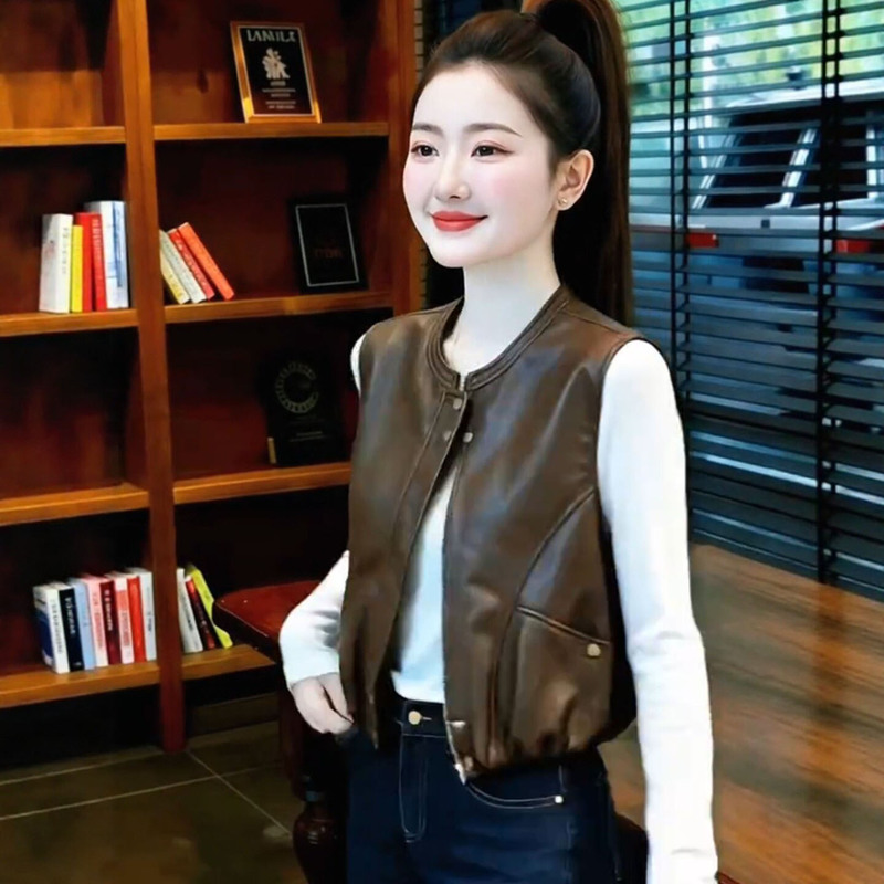 2026 Autumn/Winter New Style Melard Elegant High-End Coffee Color Pu Leather Vest Jacket Women's Casual Super Stylish Top 2026 Autumn/Winter New Style Melard Elegant High-End Coffee Color Pu Leather Vest Jacket Women's Casual Super Stylish Top