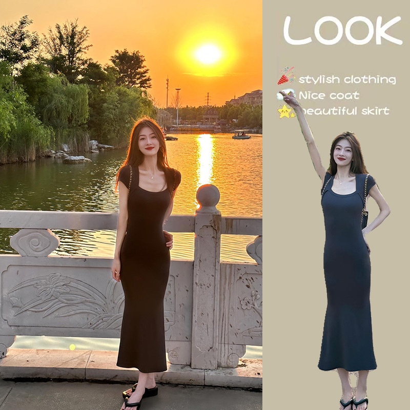 Sexy Square-Neck Elegant French-Style Long Dress 2026 Summer New Dress Women's Black Bodycon Skirt Sexy Square-Neck Elegant French-Style Long Dress 2026 Summer New Dress Women's Black Bodycon Skirt