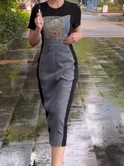 2025 Summer New Color-Blocked Elegant Denim Dress Women's High-End Niche Fashion Long Dress Elegant Skirt