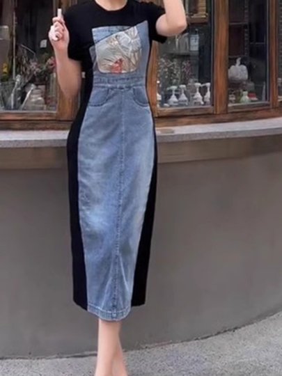 2025 Summer New Color-Blocked Elegant Denim Dress Women's High-End Niche Fashion Long Dress Elegant Skirt