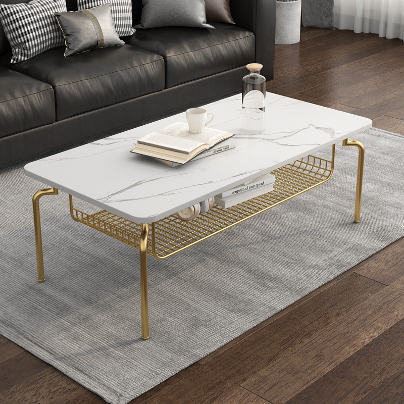 Modern light luxury rock board coffee table table living room home creative double-layer storage table small apartment square tea table