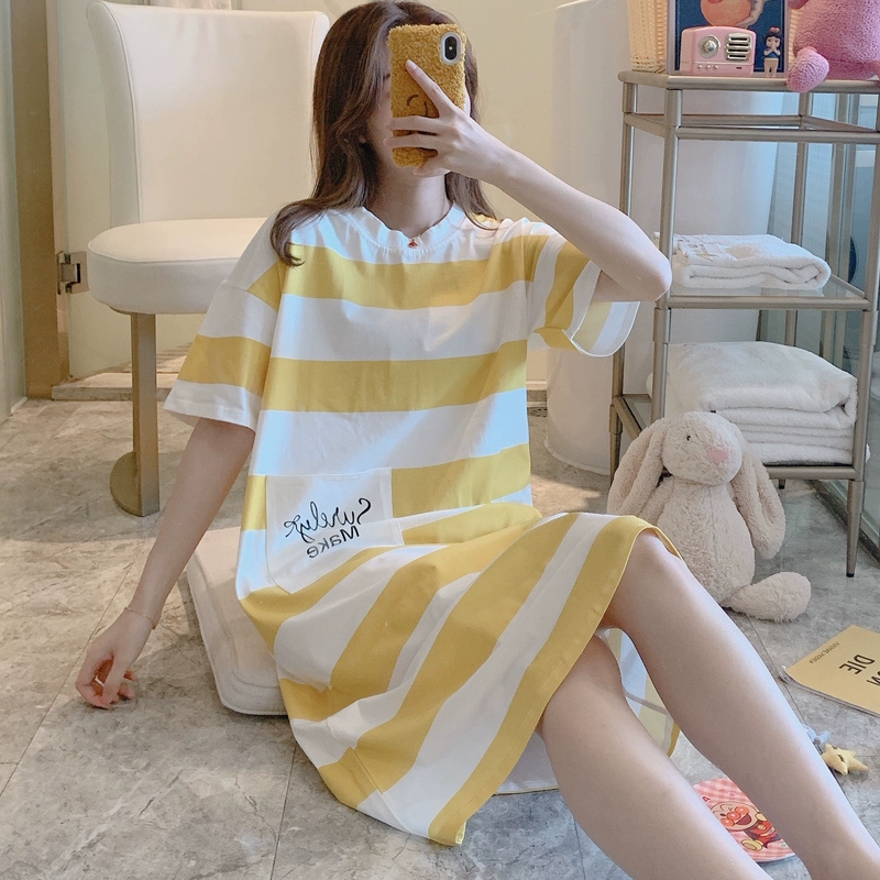 Váy ngủ nữ mùa hè ngắn tay phần mỏng giản dị sọc lỏng ngọt ngào phong cách công chúa Hàn Quốc phục vụ tại nhà váy ngắn có thể mặc bên ngoài - Đêm đầm