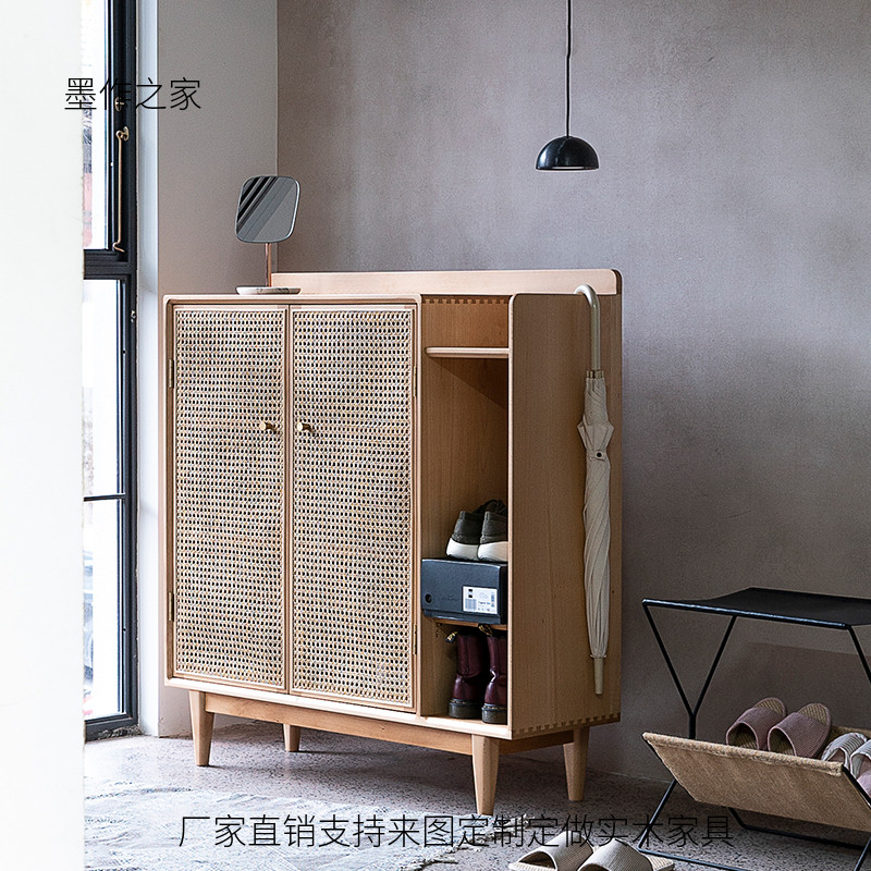 Japanese rattan double door shoes cabinet Nordic solid wood small type entrance locker modern homestay partition locker