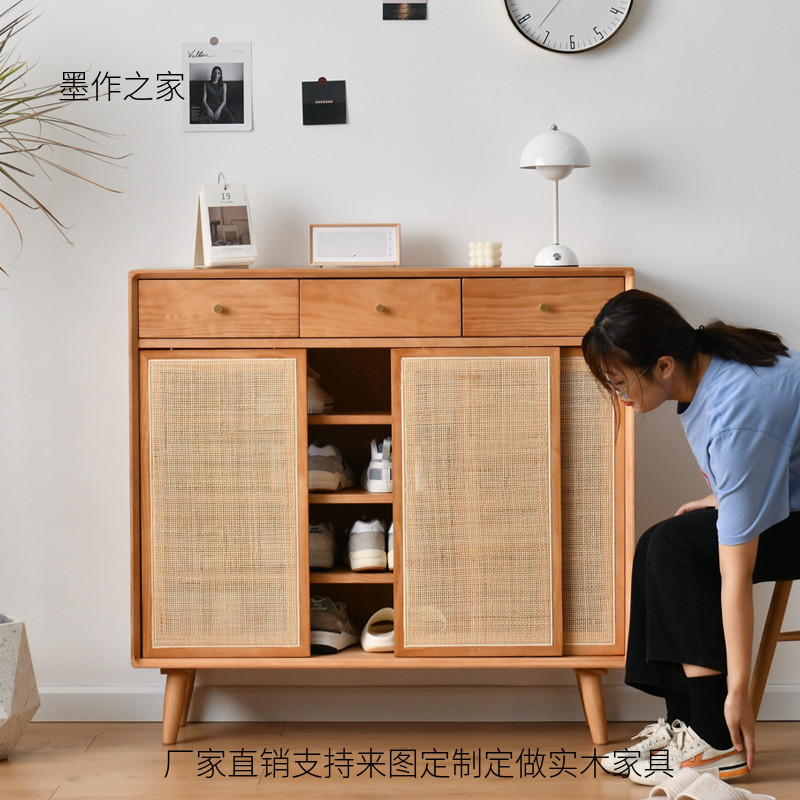 Nordic solid wood shoe cabinet modern minimalist pushing ramen drawer bucket chest large capacity accommodating multifunctional rattan lockers-Taobao