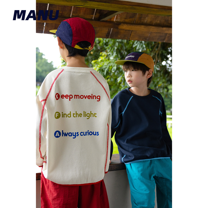 Solona Waffle Manukids Children's Clothing Boys' 26 Autumn Color-Block Stitching Sports Long-Sleeve T-Shirt for Older Kids