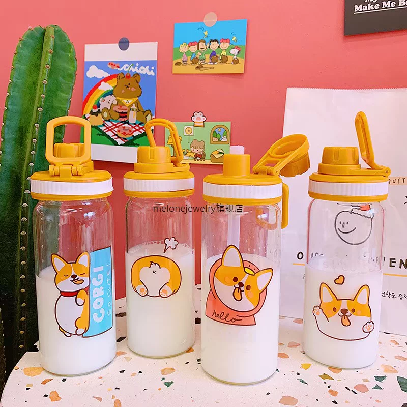 [Милая стеклянная бутылка для воды с рисунком для девочек Kawaii собачка Корги]