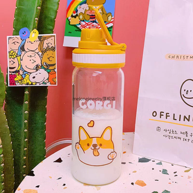 [Милая стеклянная бутылка для воды с рисунком для девочек Kawaii собачка Корги]