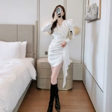 Платье, корсет, поясная сумка, юбка, французский стиль, V-образный вырез, осеннее, с акцентом на бедрах