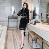 Ретро весеннее платье, лонгслив, юбка, французский стиль, изысканный стиль, круглый воротник, с акцентом на бедрах