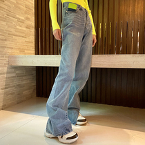  Fluorescent green label ANN lizard leather twisted split irregular light blue jeans long pants star with the same female