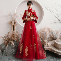 Chinese toast to the bride 2021 The new show and the long sleeve qipao Wedding Dress Wine Red Wedding Gown Women Winter