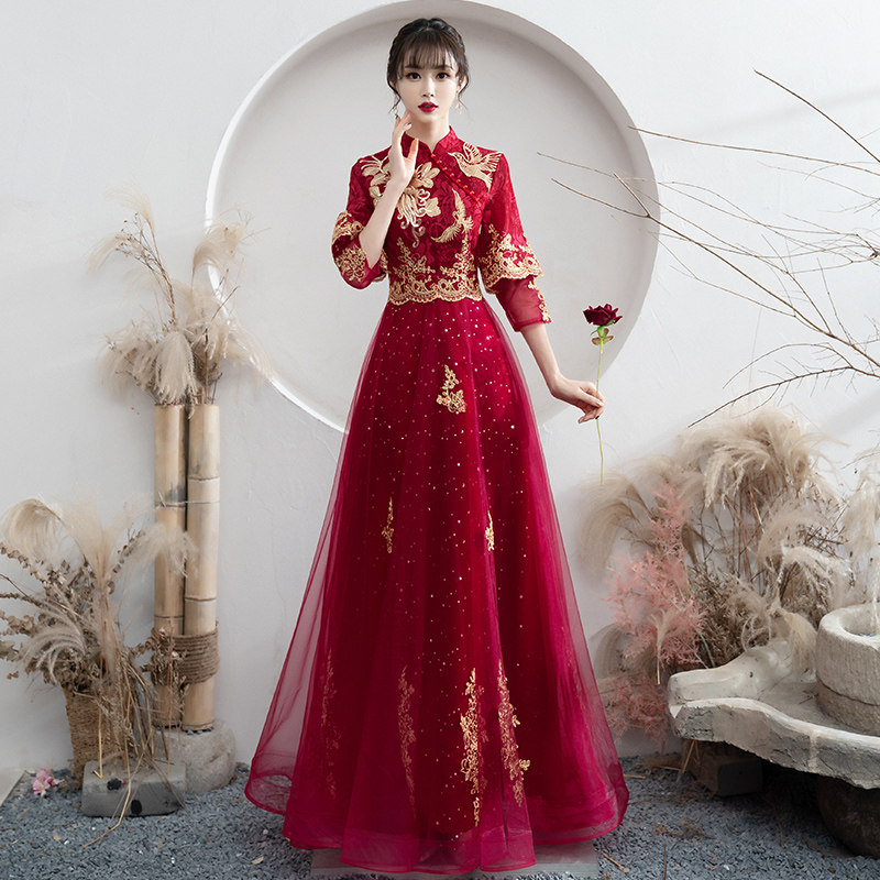 Chinese toast to the bride 2022 new red summer long sleeve qipao show and wedding gown female summer style