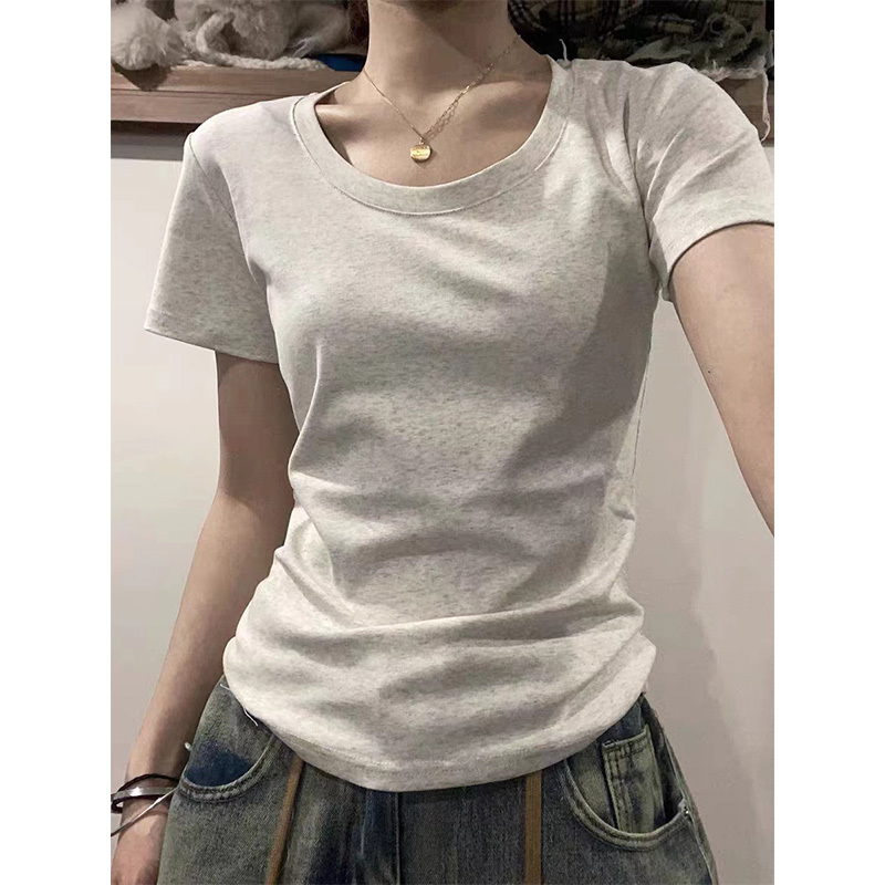 American-Style Regular Shoulder U-Neck Design Short-Sleeve T-Shirt for Women, New Summer Pure Cotton Slim-Fit Trendy Basic Top