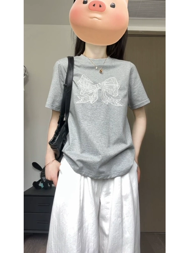 Кружевная летняя футболка с бантиком, в американском стиле, с вышивкой, свободный крой