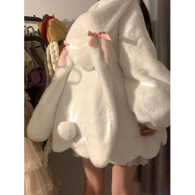 Cute Fluffy Bunny Ear Coat for Women, Autumn and Winter, Fleece-Lined, Soft Lamb Wool, Petite Cotton Jacket