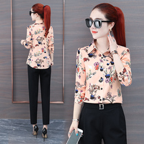 Floral shirt women's 2022 spring new printed chiffon shirt long sleeve bottoming shirt foreign style flower shirt loose Korean version