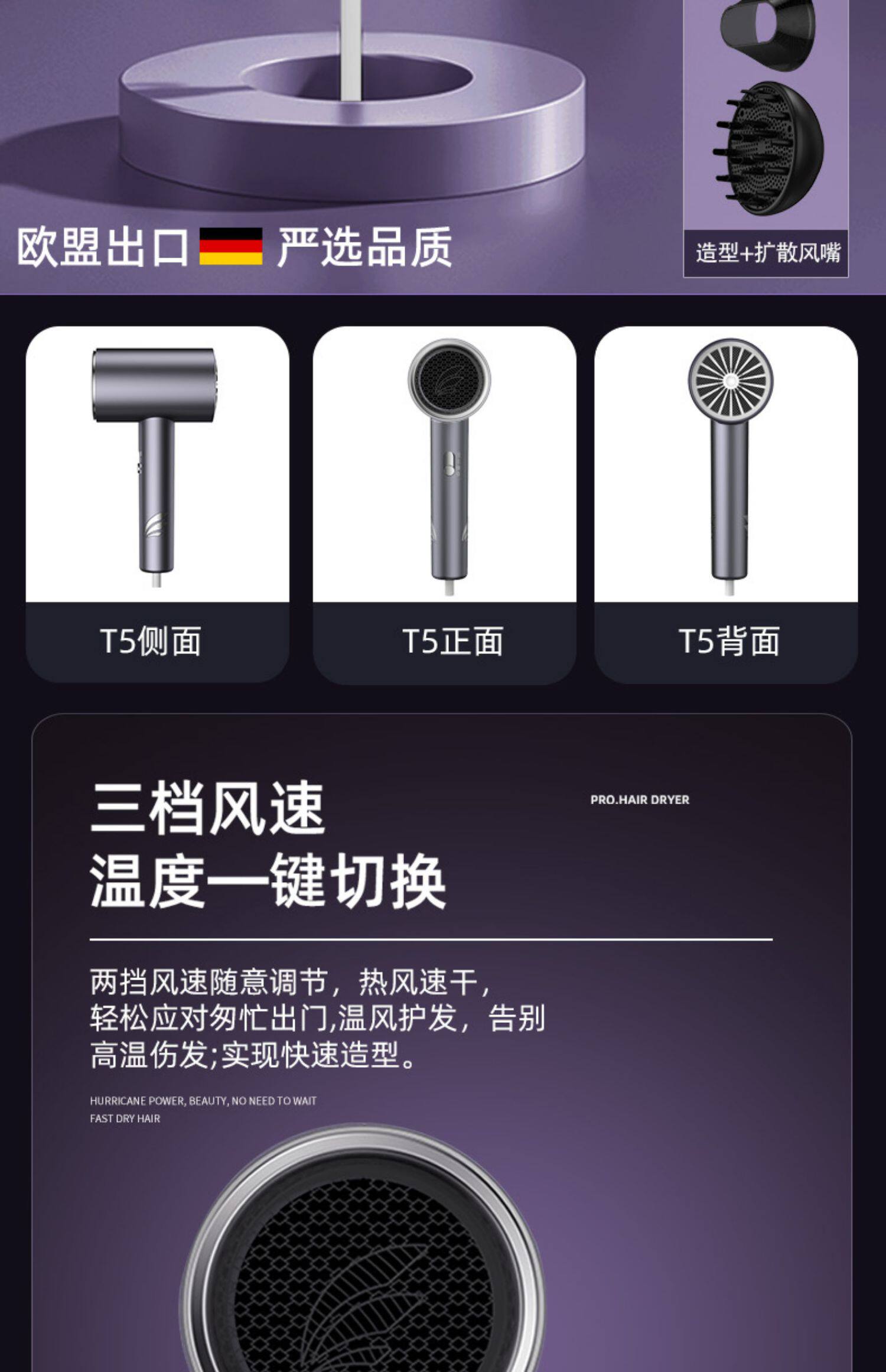 德国Juetata发廊电吹风机家用负离子护发大功率风力恒温速干风筒
