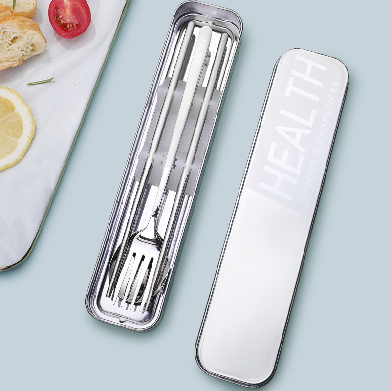 304L Stainless Steel Chopsticks, Spoon and Fork Set, Single-Person Portable Cutlery Box, Three-Piece Set, Student Storage Box
