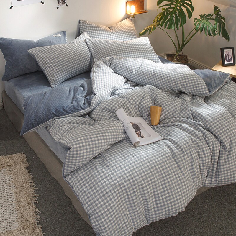 Milk fleece four-piece winter AB quilt cover coral fleece bed single crystal fleece three-piece bedding supplies simple 4