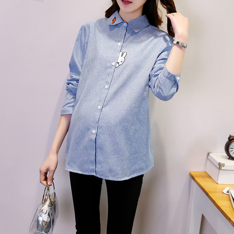 Autumn Maternity Wear Striped Embroidered Shirts Short Long Sleeve Maternity Shirts Spring and Autumn Korean Maternity Bottoming Top