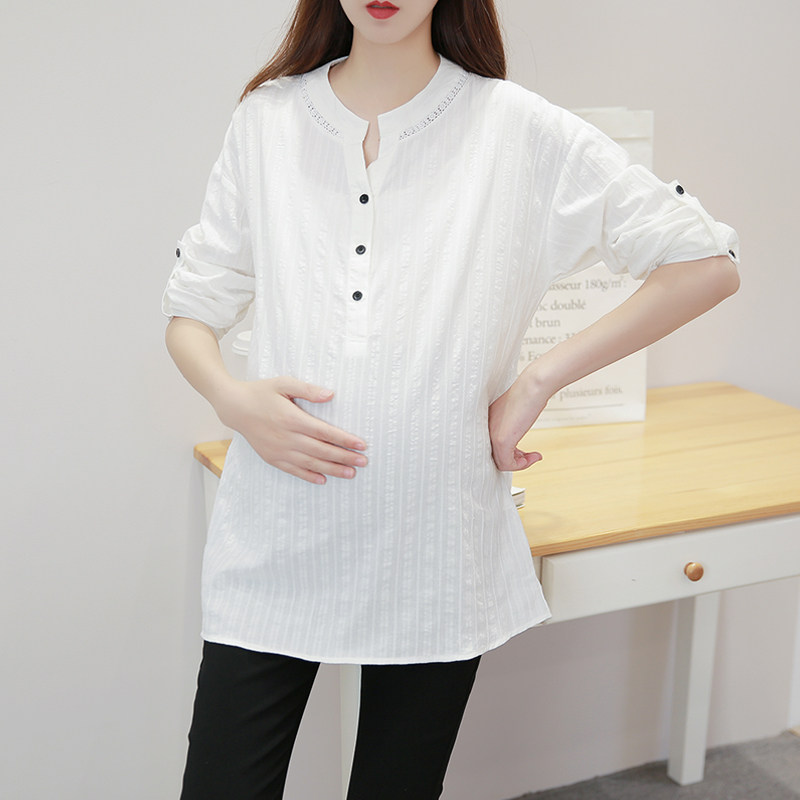 2022 autumn solid color white maternity shirt loose large size top spring and autumn maternity wear work clothes inner shirt