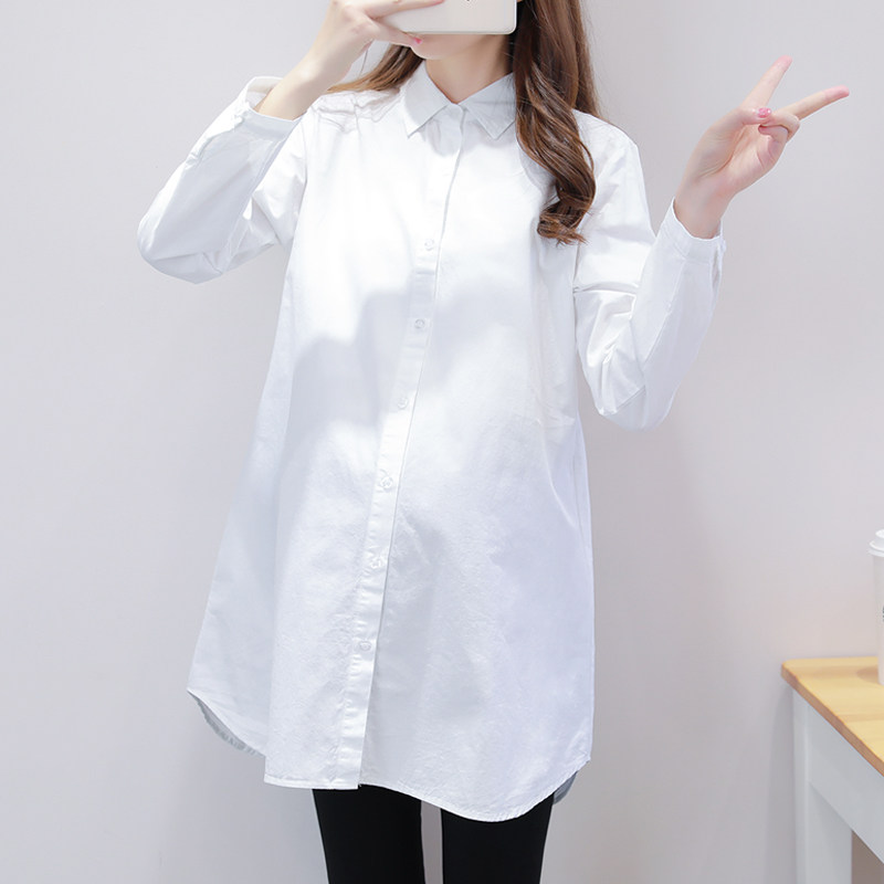 2022 autumn solid color maternity wear white shirt mid-length version over the hip large size top professional spring and autumn bottoming shirt