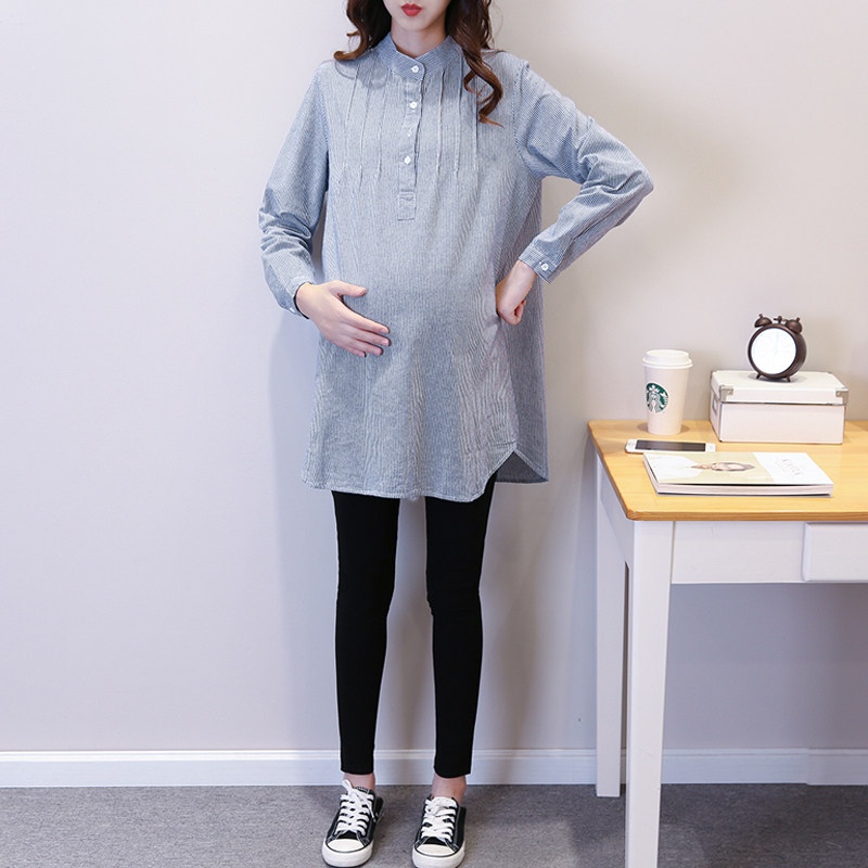 2022 maternity wear mid-length over hip maternity tops autumn striped maternity shirt skirt stand collar large size maternity shirt