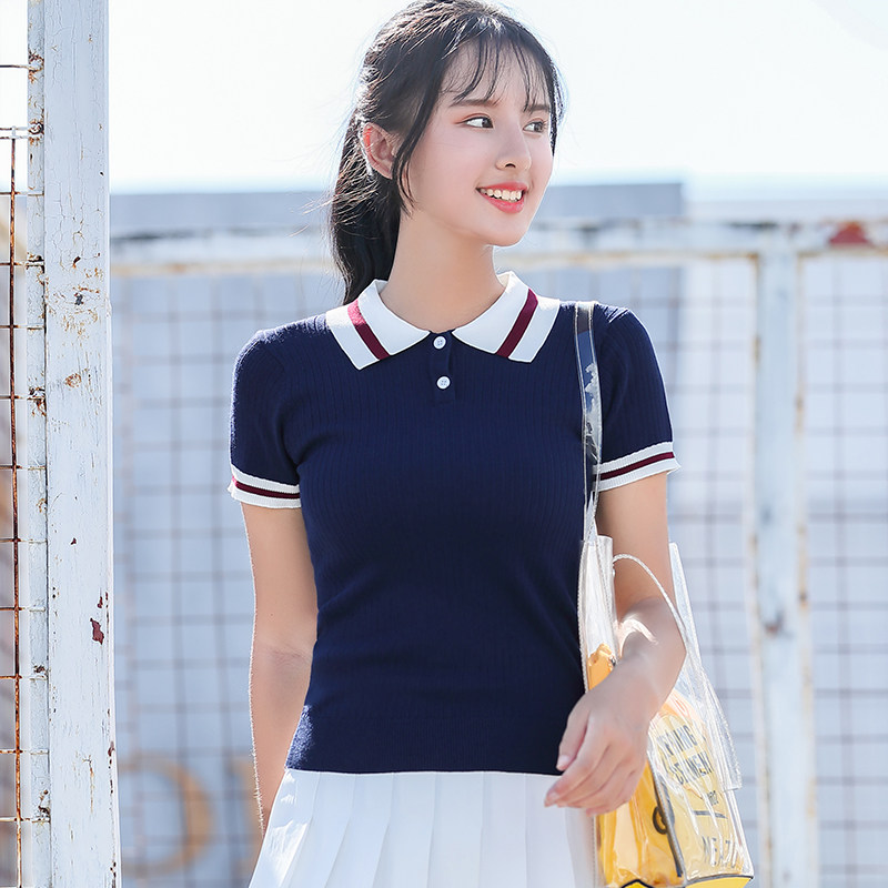 Short sleeves 2020 New female short models polo shirts women's college wind teachers landscaped T-shirt ice silk short sleeve blouses women