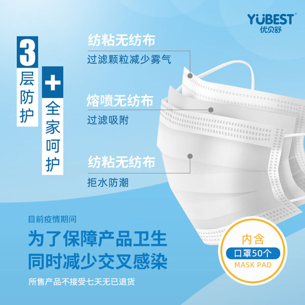 优贝舒 含熔喷布三层防护一次性口罩 30只 天猫优惠券折后￥39.9包邮（￥59.9-20）儿童款￥43