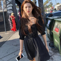 Gao Yun Zhen star with the summer waist slim wave point Korean version of the clavicle square collar bubble sleeve A dress