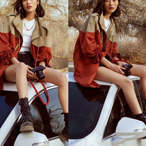 Star Liu Wen the same spring and autumn 21 new Korean version of color combination loose casual tooling large size long windbreaker coat women