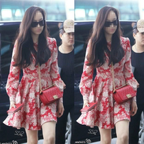 21 Spring and Summer New Star Fan Bingbing Song Qian same dress long sleeve print long waist thin A- line dress