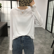 Korean version pure color minimalist base loose 100 hitch white round collar cover head long sleeve T-shirt blouses female new spring autumn tide
