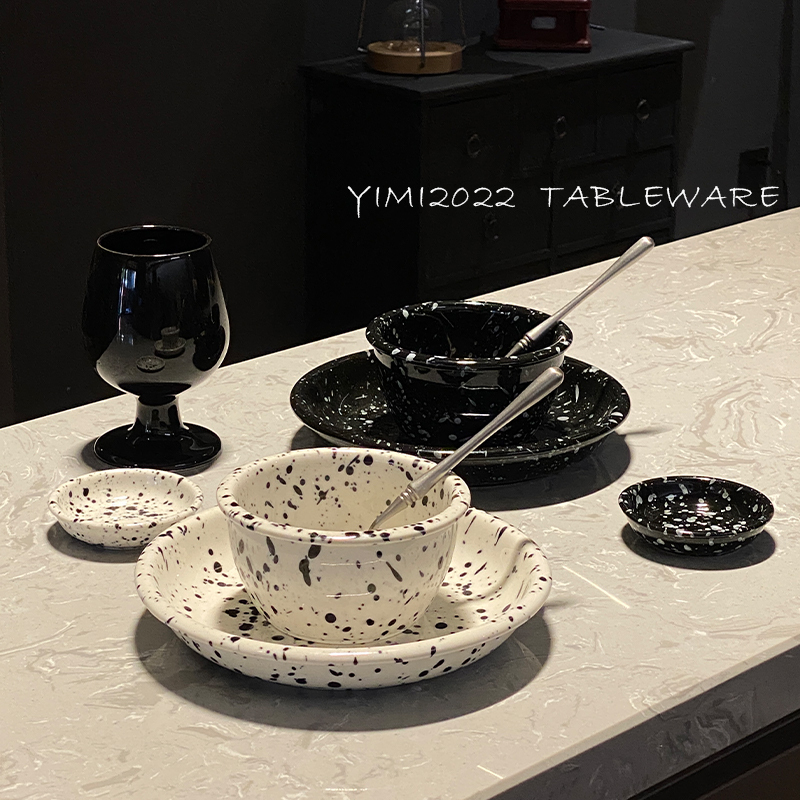 Yimi Japanese-Style ins Retro Irregular Splatter Ink Tableware Set High-Value Ceramic Rice Bowls and Plates for Home Use