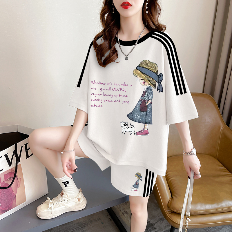 Plus Size Stripesd Cotton Short-Sleeved Shorts Two-Piece Set Summer Loose and Versatile Cartoon Style Casual Sports Suit for Women
