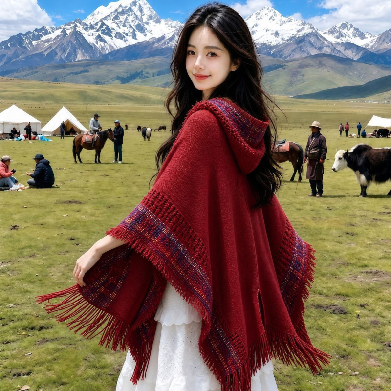 Burgundy Hooded Cape for Women, Ethnic Style Outerwear, 2026 New Model, Versatile Cloak for Yunnan and Tibet Travel Outfits Burgundy Hooded Cape for Women, Ethnic Style Outerwear, 2026 New Model, Versatile Cloak for Yunnan and Tibet Travel Outfits