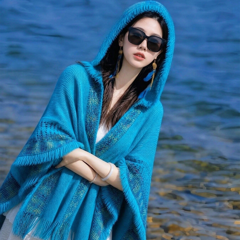 Northwest Chinese Ethnic Style Blue Cape for Women, Autumn and Winter Knitted Thickened Split Cape, Travel and Photo Shoot Outfit Shawl Northwest Chinese Ethnic Style Blue Cape for Women, Autumn and Winter Knitted Thickened Split Cape, Travel and Photo Shoot Outfit Shawl