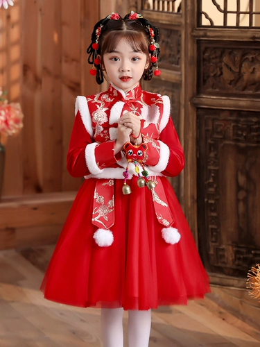 Девушки Cheongsam 2024 Новый зимний детский государственный стиль Новый год новогодний новогодний новогодний новая одежда