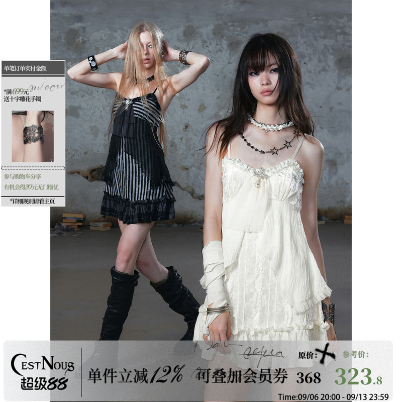 Cestnous Cross-Decorated Chiffon Lace Patchwork Spaghetti Strap Dress for Women, Autumn Sweet Ruffled A-Line Dress