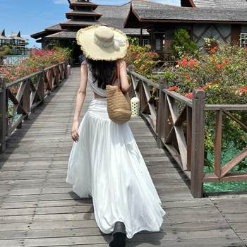 French-Style Niche High-End White Off-Shoulder Hollow-Out Waist-Revealing Dress for Women, Perfect for Seaside Vacations, with a Super Fairy-Like Vibe