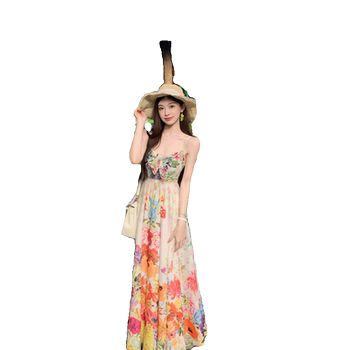 French-Style Pure and Sexy Ice-Skin and Bone-White Colorful Floral Spaghetti Strap High-Waisted Flared Beach Vacation Long Dress for Women