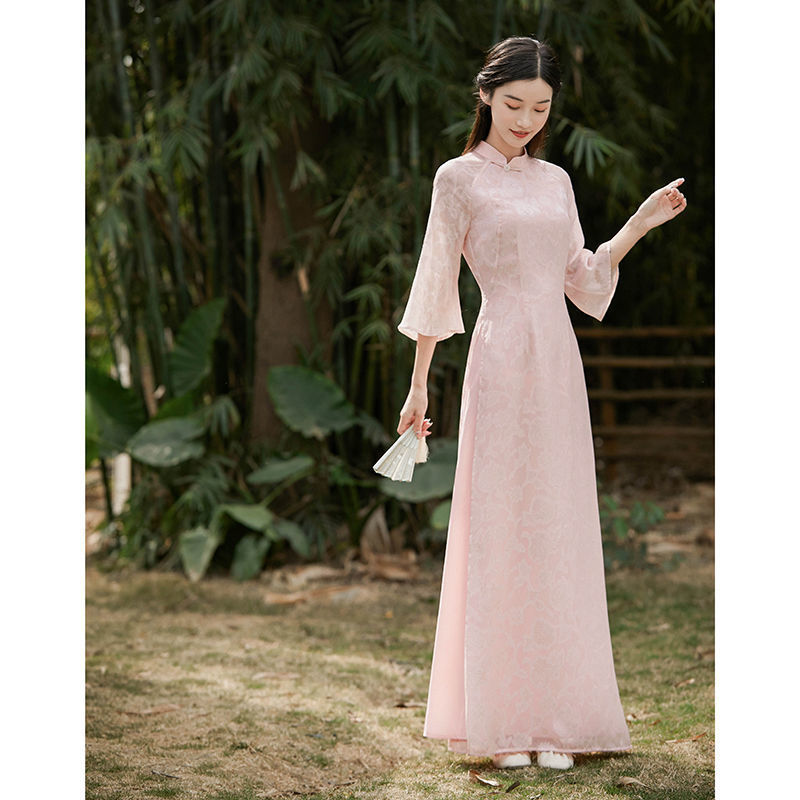 Autumn 2021 New Chinese style slim long version of improved cheongsam flared sleeve disc buckle diagonal women's dress