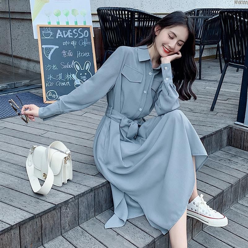 Huaxie Li smog blue dress super fairy 2021 autumn new French casual waist slim long skirt long sleeve