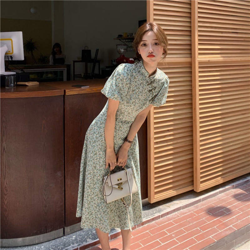 Summer 2021 new Chinese style cheongsam improved dress waist slim collar floral temperament short sleeve children