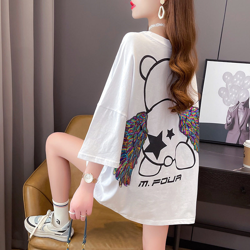 Pregnant women's summer clothes thin section short-sleeved T-shirt women's new heavy industry sequins large size loose mid-length top women's summer ins tide