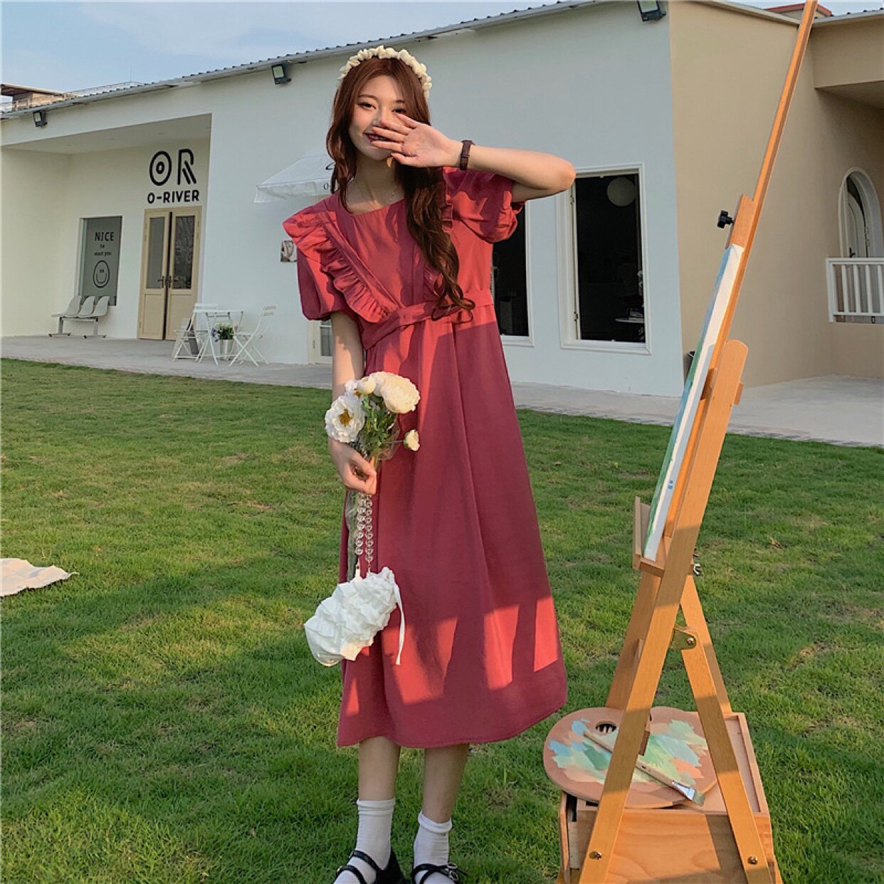 Maternity dress summer French square neck dress women's summer new loose ruffled detachable two-piece long skirt